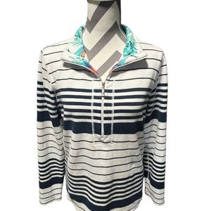Tommy Bahama Knit Pullover 1/2 Zip Long Sleeve Blue White Stripe Floral Tropical
